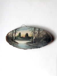vintage hand painted landscape on wood slab