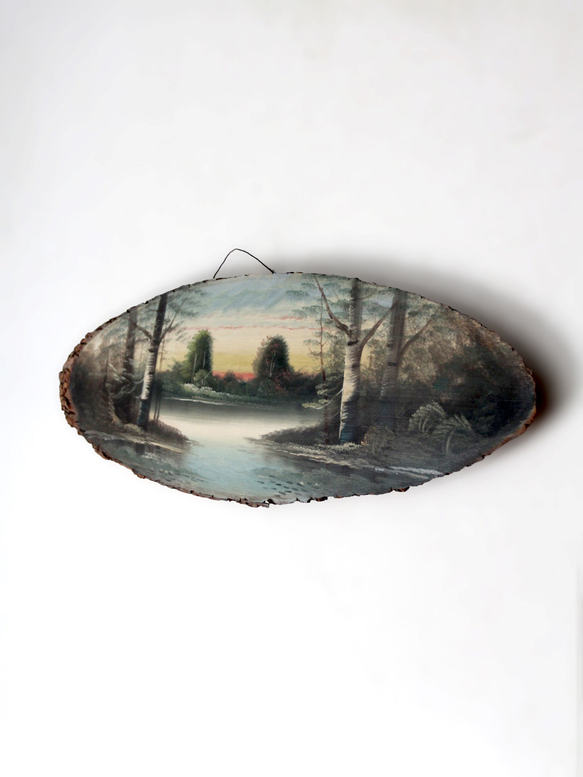vintage hand painted landscape on wood slab