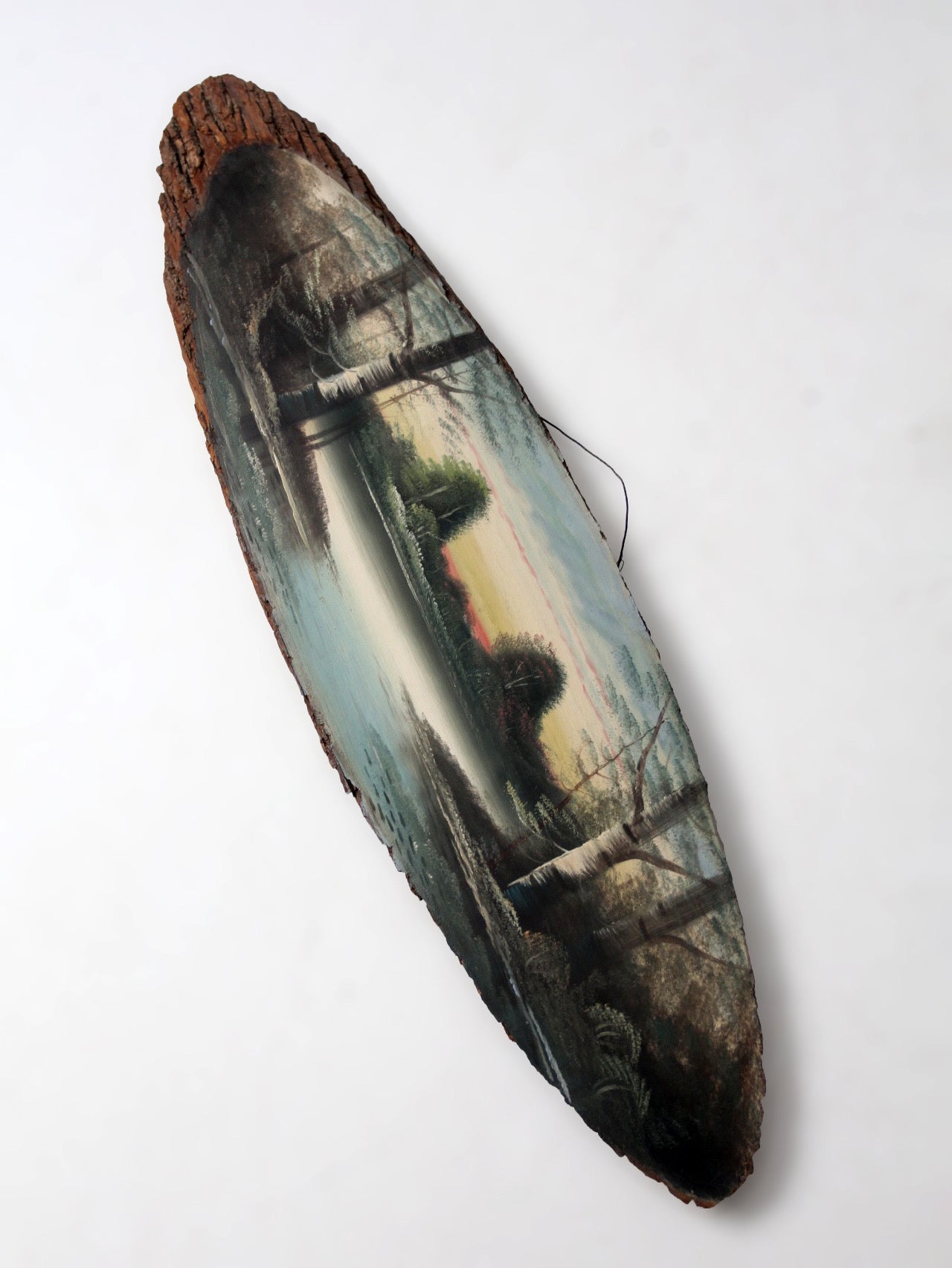 vintage hand painted landscape on wood slab