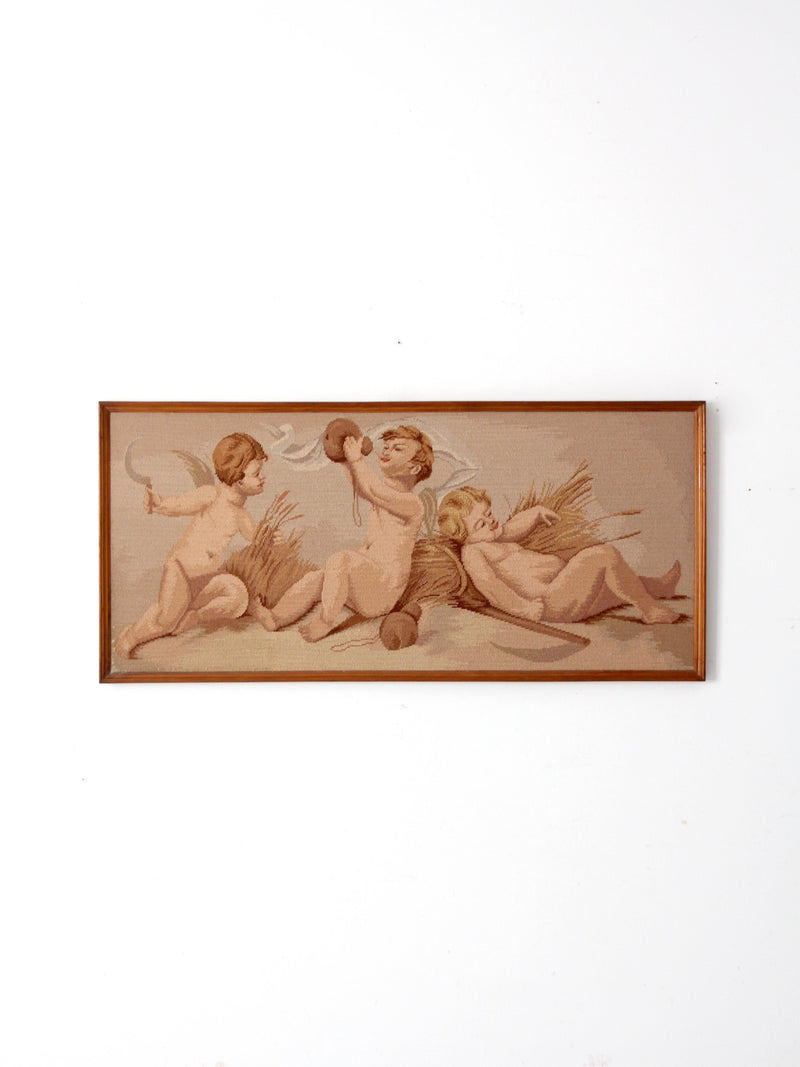 vintage framed needlepoint cherubs wall hanging