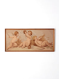 vintage framed needlepoint cherubs wall hanging