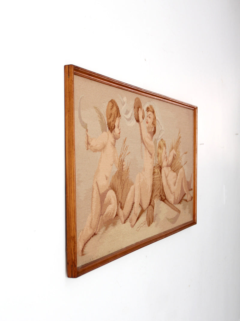vintage framed needlepoint cherubs wall hanging
