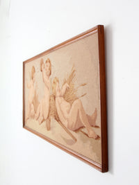 vintage framed needlepoint cherubs wall hanging