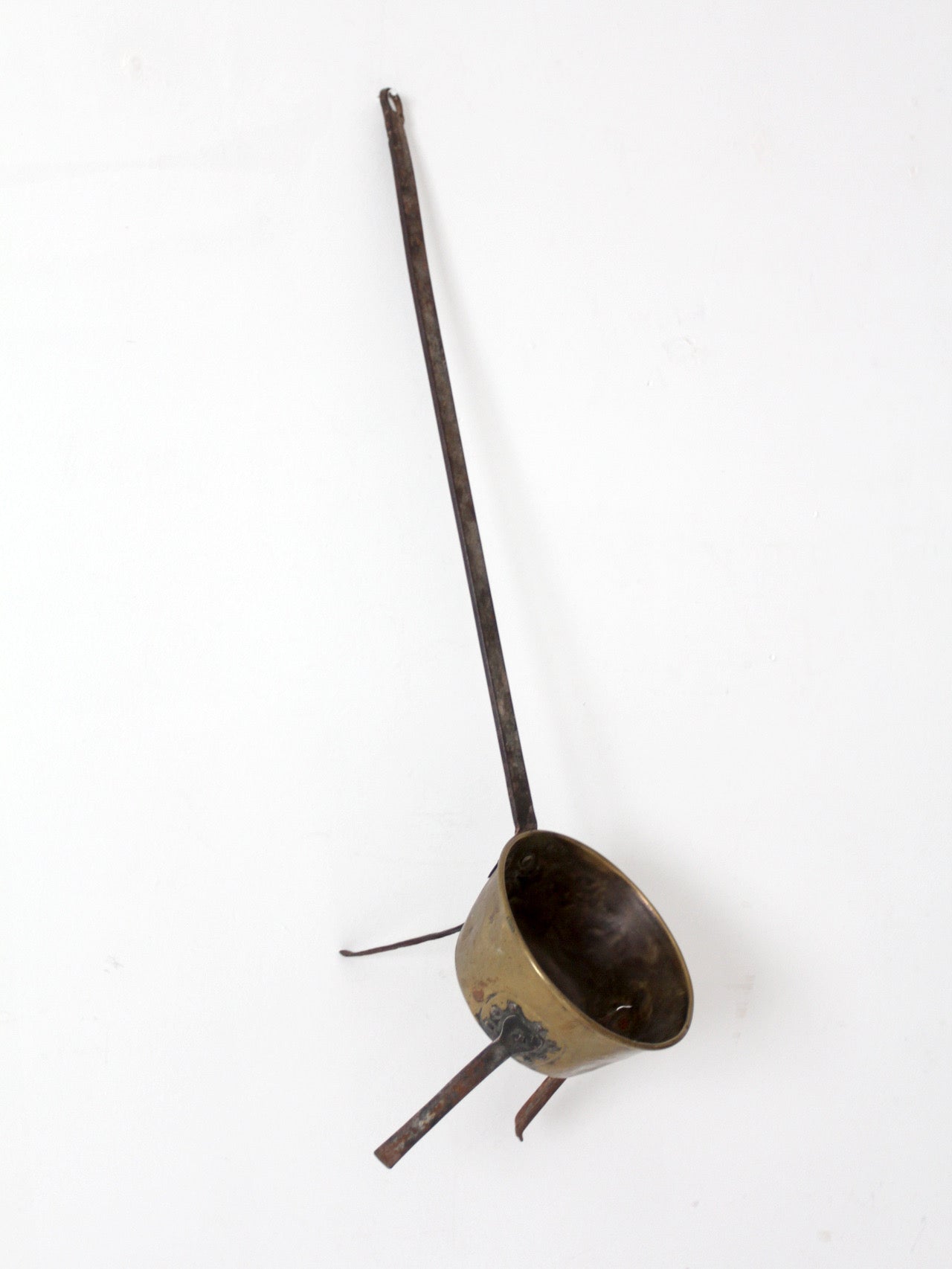 antique brass and iron three-legged hearth cooking pan