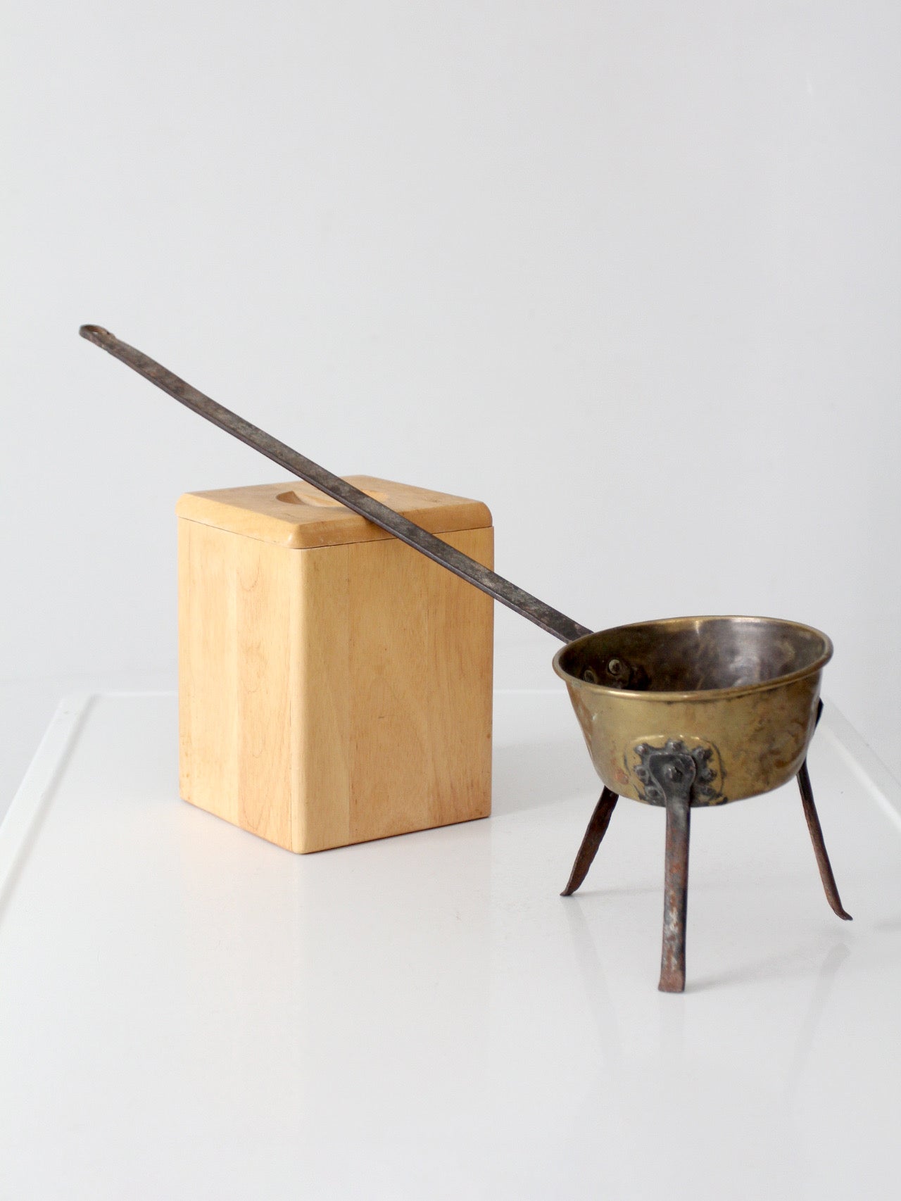 antique brass and iron three-legged hearth cooking pan