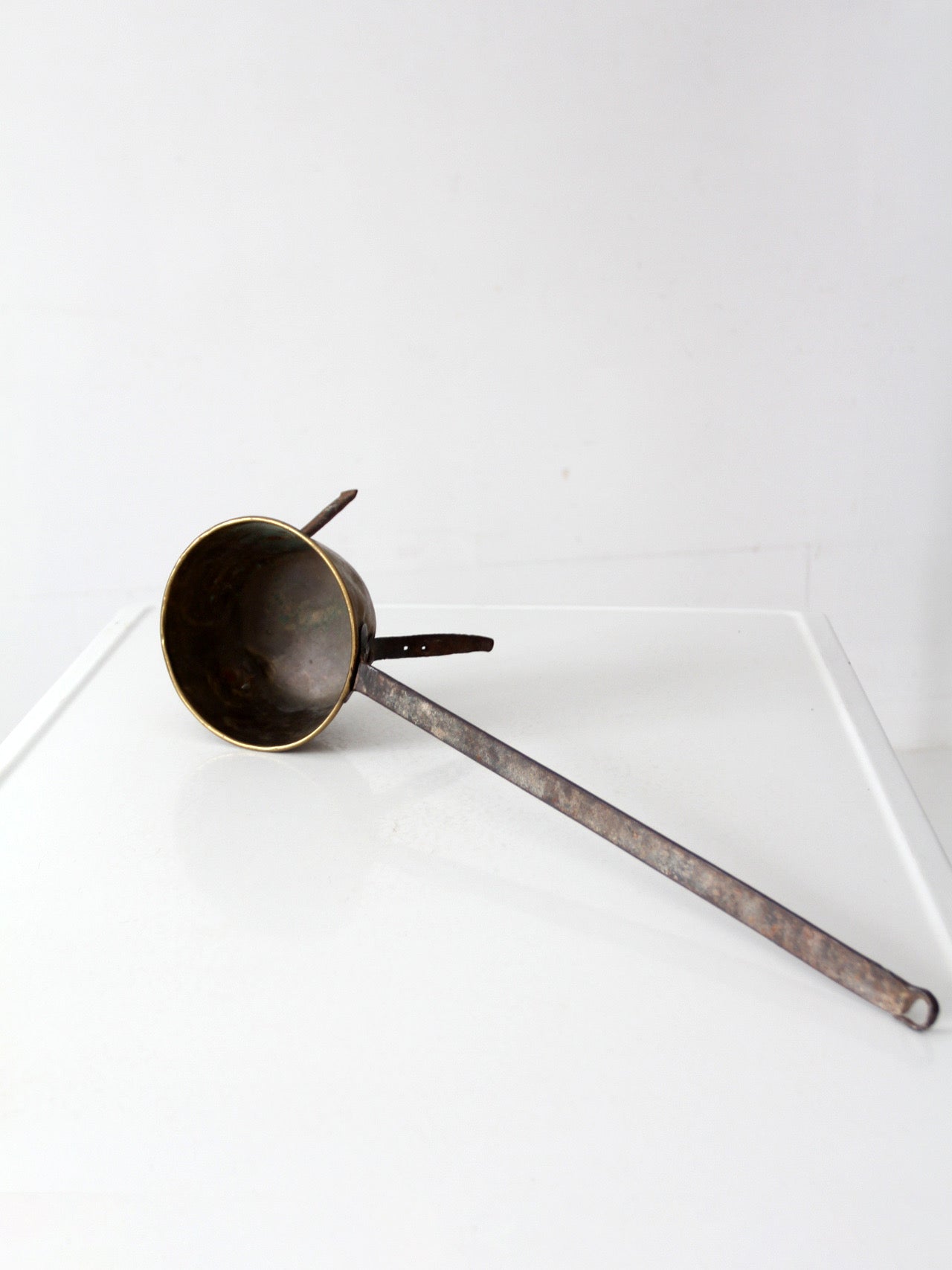 antique brass and iron three-legged hearth cooking pan