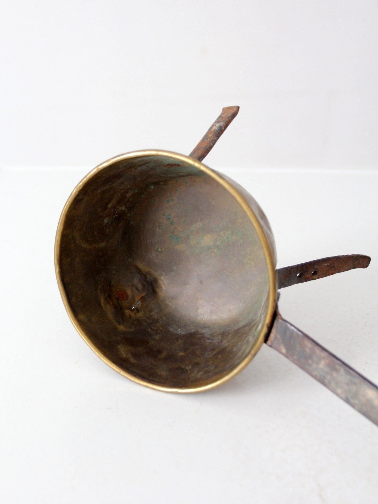 antique brass and iron three-legged hearth cooking pan