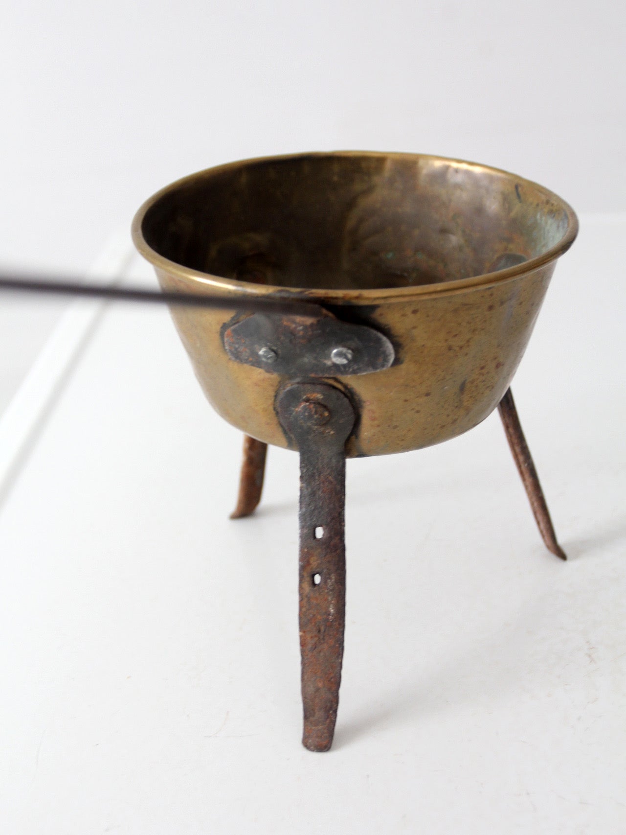 antique brass and iron three-legged hearth cooking pan