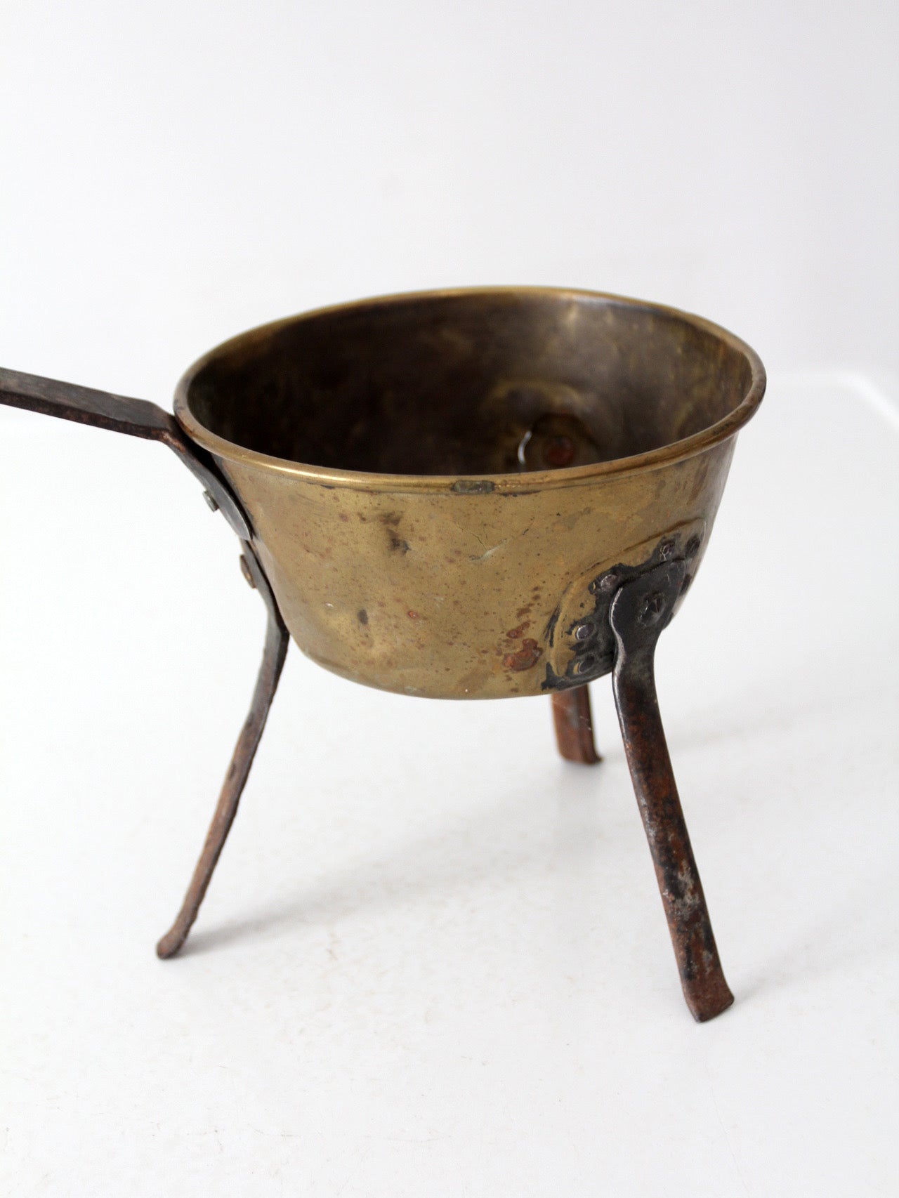 antique brass and iron three-legged hearth cooking pan