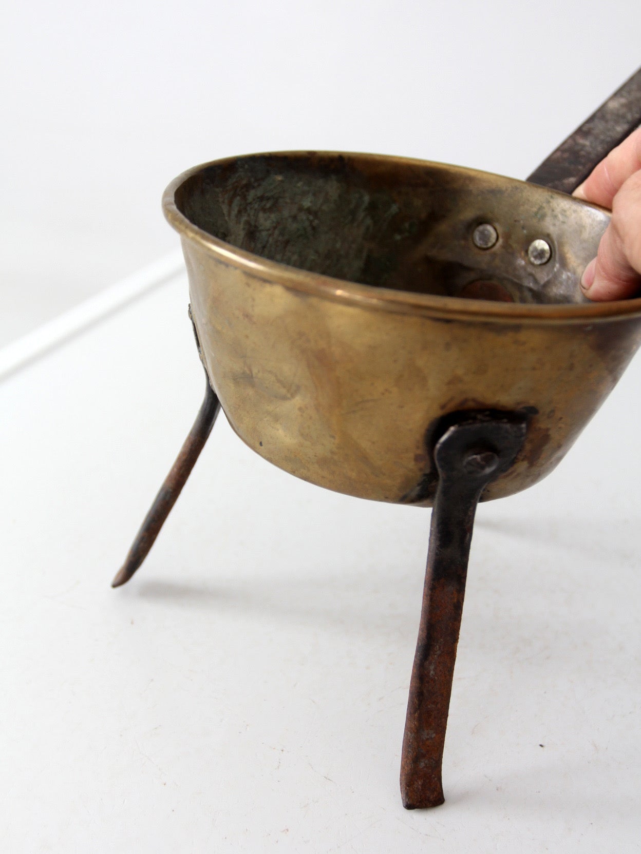 antique brass and iron three-legged hearth cooking pan