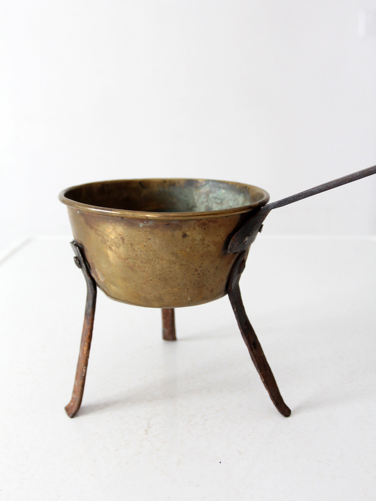 antique brass and iron three-legged hearth cooking pan