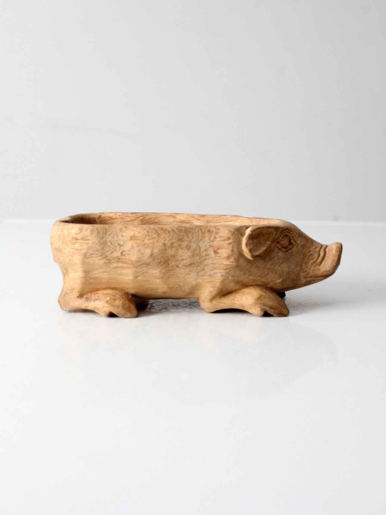 vintage hand-carved folk art wood pig bowl