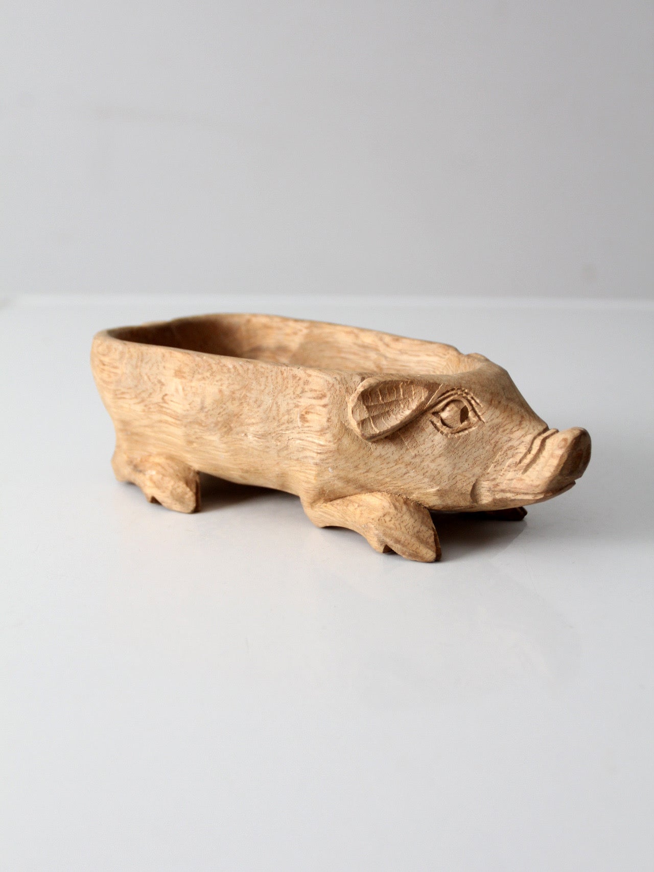 vintage hand-carved folk art wood pig bowl