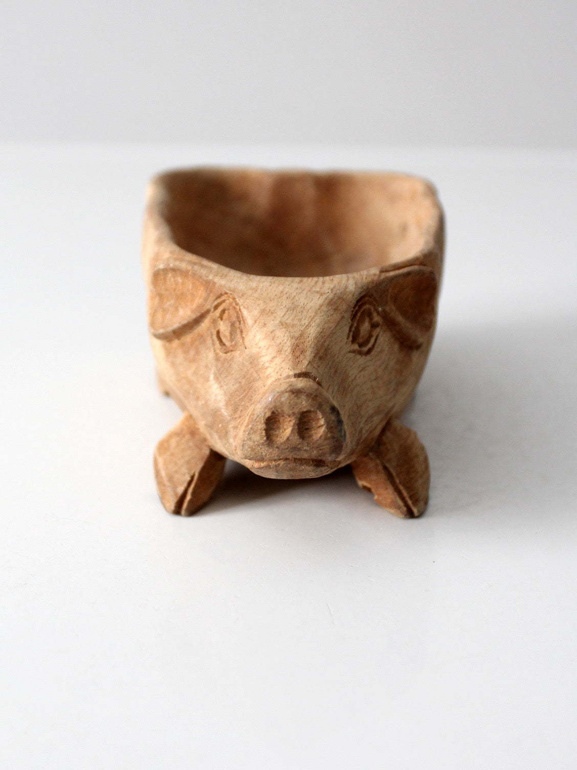 vintage hand-carved folk art wood pig bowl
