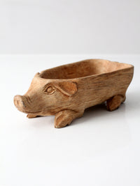 vintage hand-carved folk art wood pig bowl