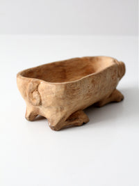 vintage hand-carved folk art wood pig bowl