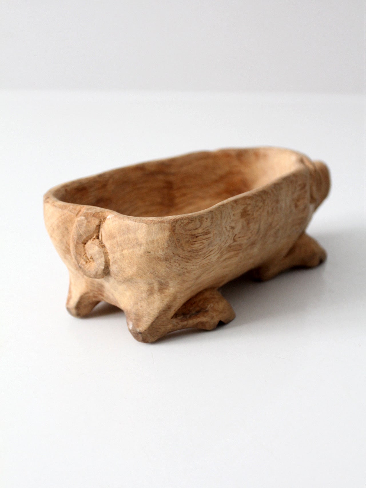 vintage hand-carved folk art wood pig bowl