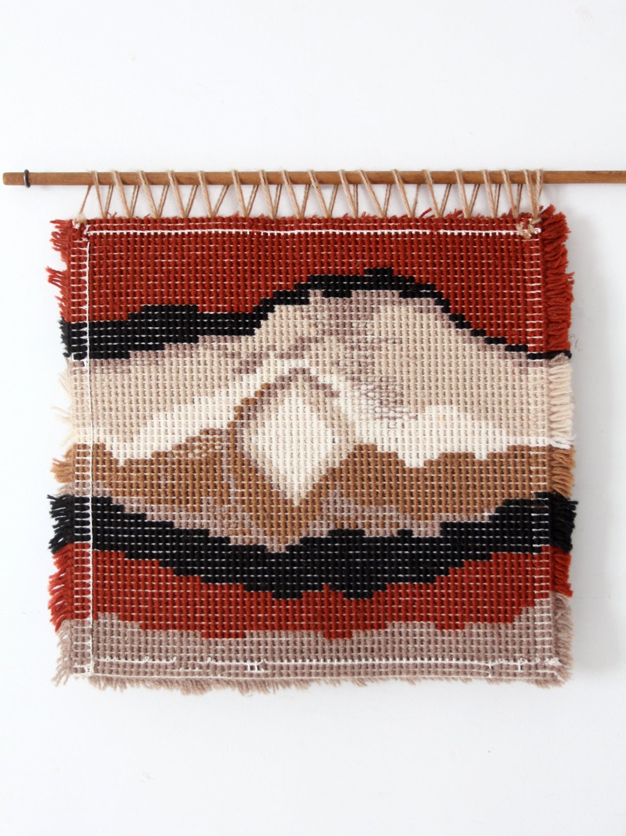 vintage abstract latch hook fiber art wall hanging