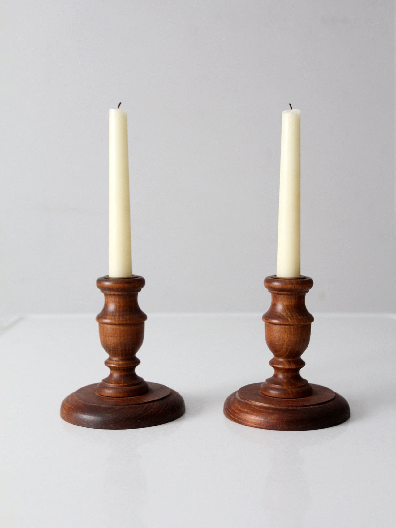 vintage turned wood candlestick holders pair