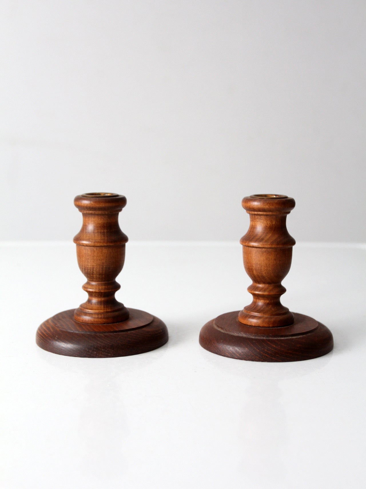 vintage turned wood candlestick holders pair