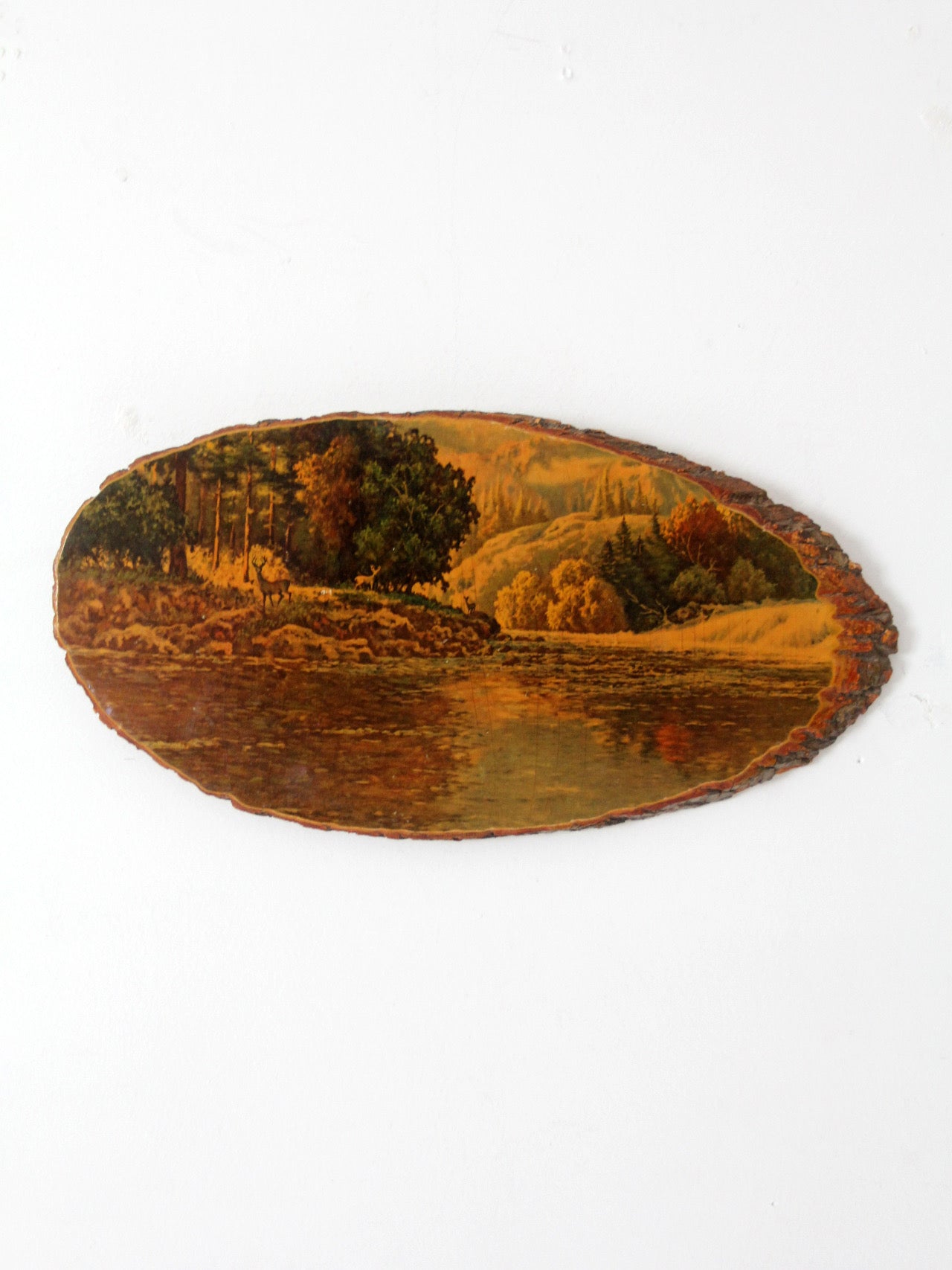 vintage deer  landscape wood slice wall art