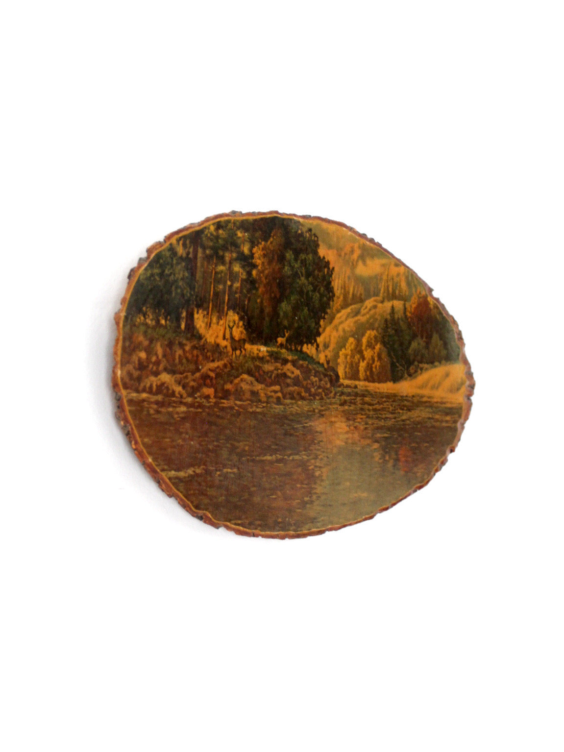 vintage deer  landscape wood slice wall art