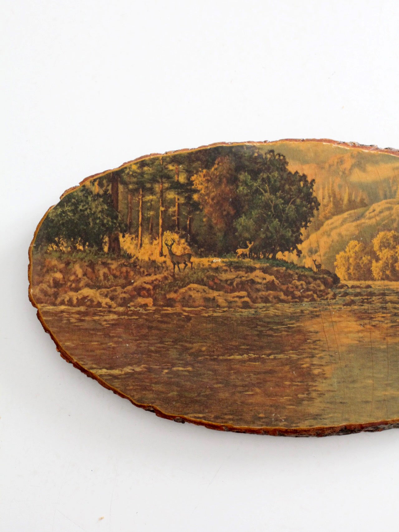 vintage deer  landscape wood slice wall art