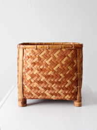 vintage geometric woven bamboo storage basket, circa 1970s
