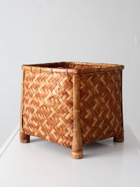 vintage geometric woven bamboo storage basket, circa 1970s