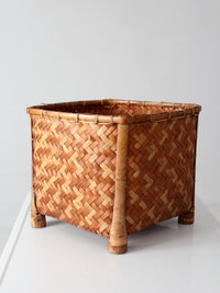 vintage geometric woven bamboo storage basket, circa 1970s