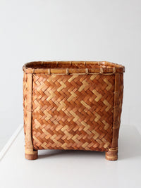 vintage geometric woven bamboo storage basket, circa 1970s