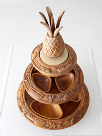 mid-century carved wood tiered lazy Susan with pineapple finial