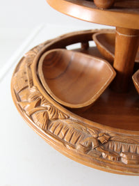 mid-century carved wood tiered lazy Susan with pineapple finial