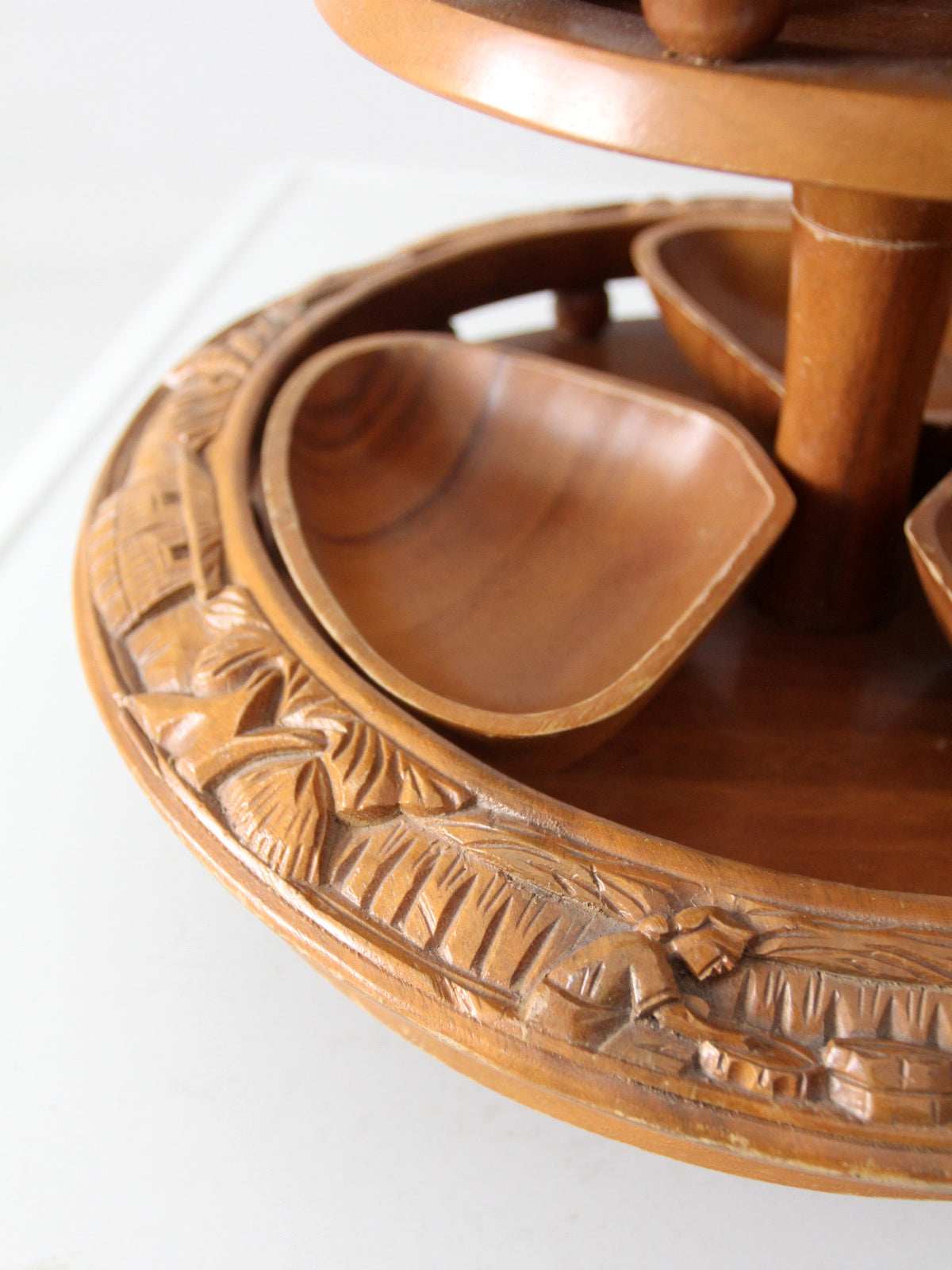 mid-century carved wood tiered lazy Susan with pineapple finial