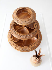 mid-century carved wood tiered lazy Susan with pineapple finial