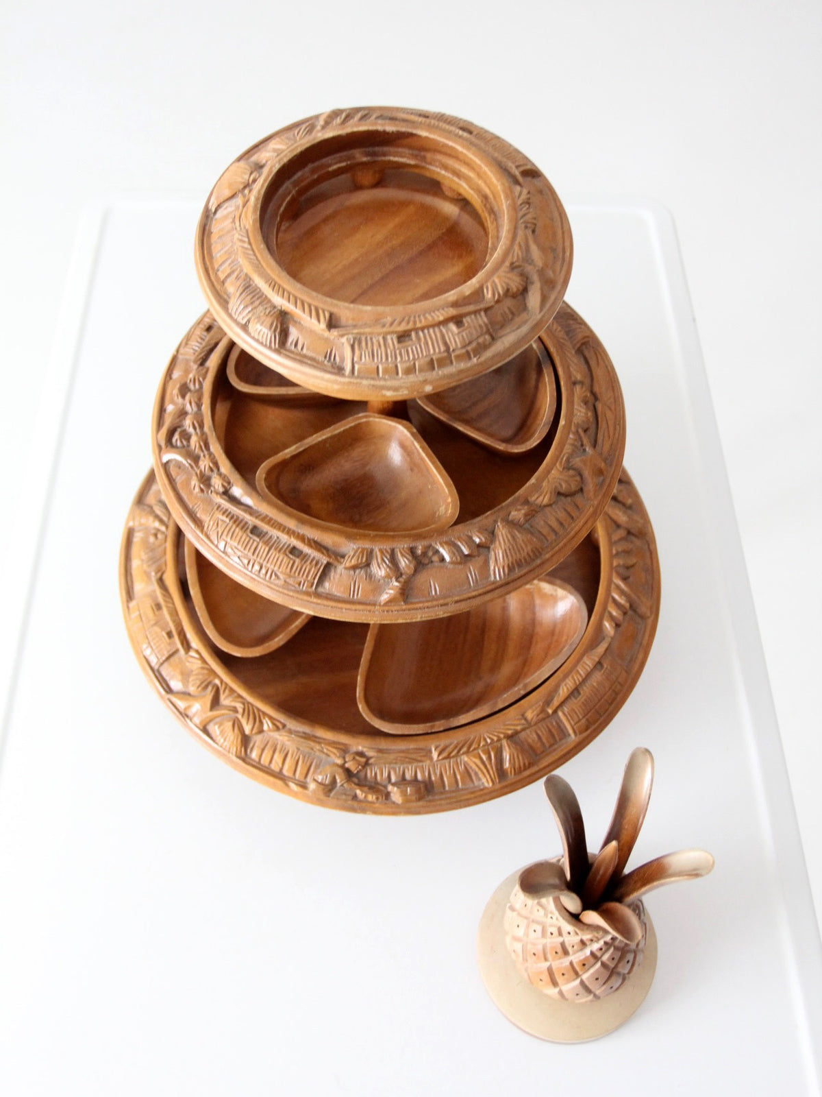 mid-century carved wood tiered lazy Susan with pineapple finial