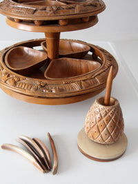 mid-century carved wood tiered lazy Susan with pineapple finial