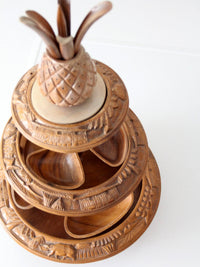 mid-century carved wood tiered lazy Susan with pineapple finial