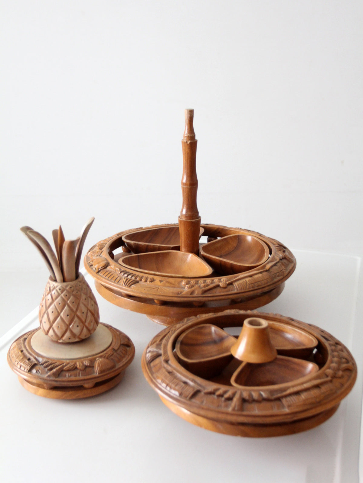 mid-century carved wood tiered lazy Susan with pineapple finial