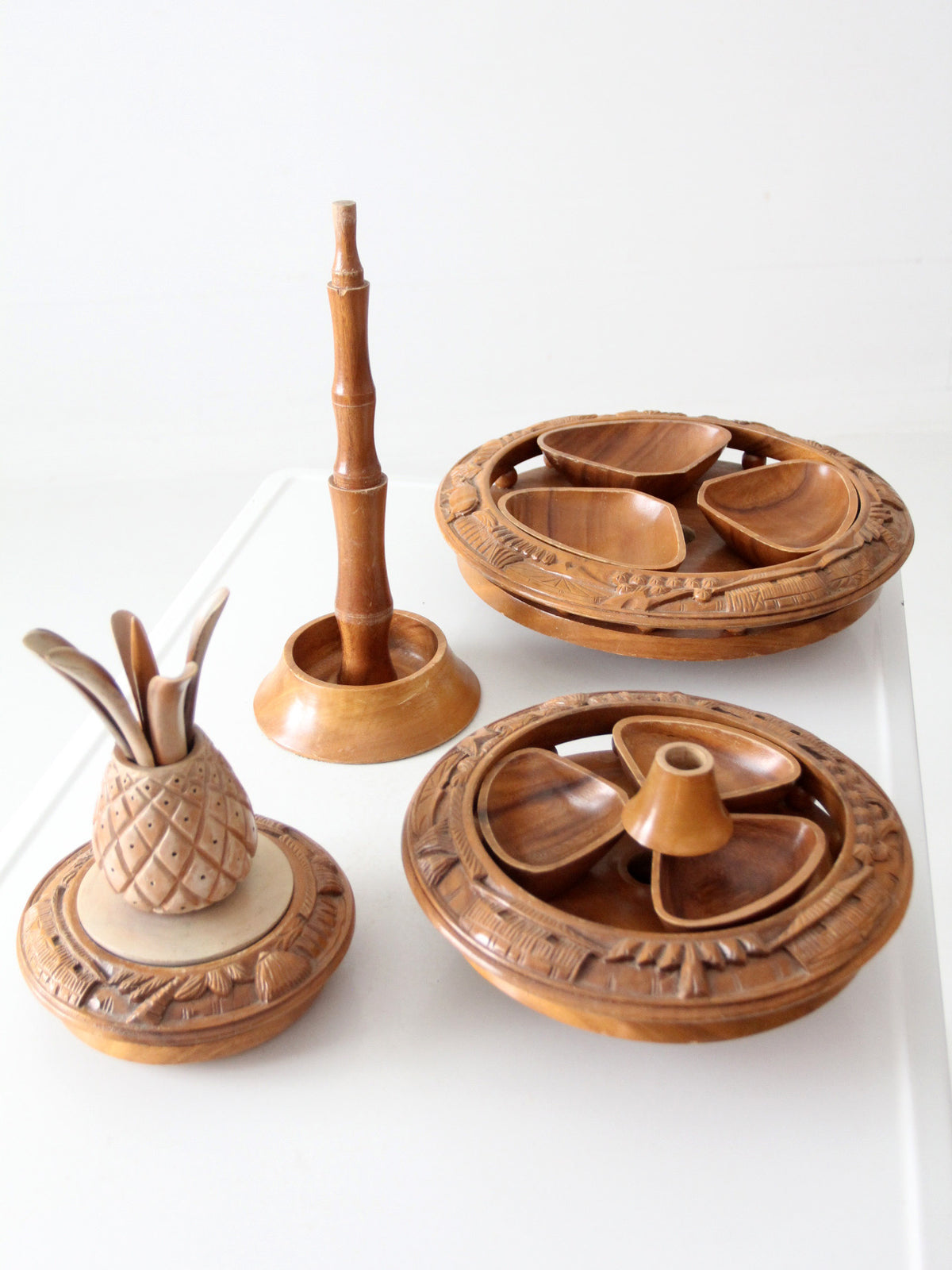 mid-century carved wood tiered lazy Susan with pineapple finial