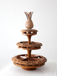 mid-century carved wood tiered lazy Susan with pineapple finial