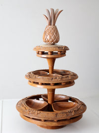 mid-century carved wood tiered lazy Susan with pineapple finial