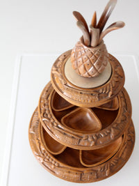mid-century carved wood tiered lazy Susan with pineapple finial