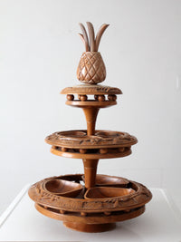 mid-century carved wood tiered lazy Susan with pineapple finial