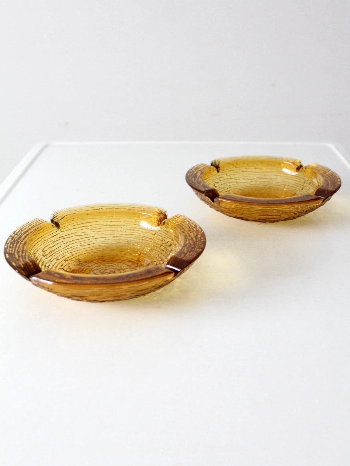 vintage Anchor Hocking Soreno honey gold ashtray pair