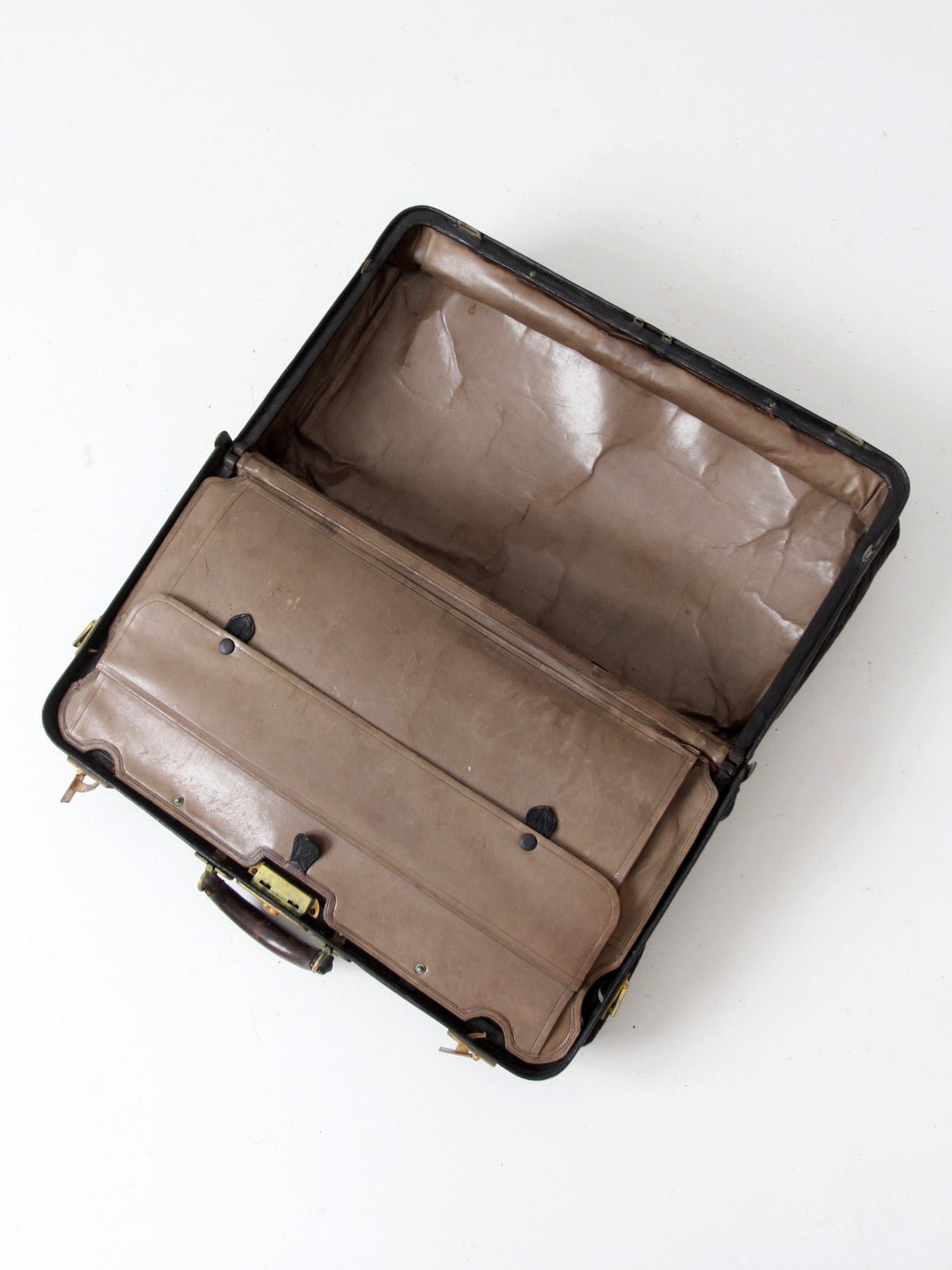 antique 1920s black leather suitcase with brass hardware