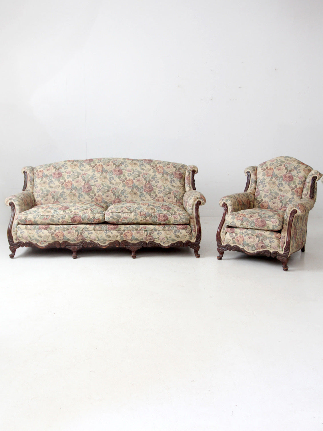 antique French Provincial floral sofa and armchair set