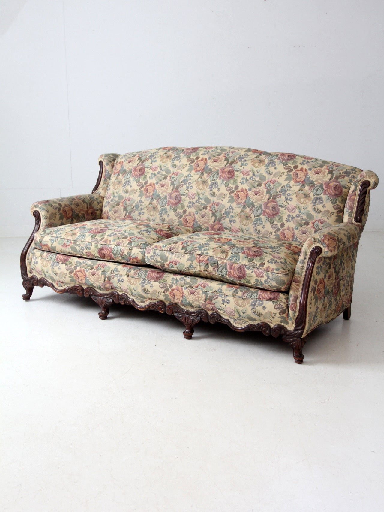 antique French Provincial floral sofa and armchair set