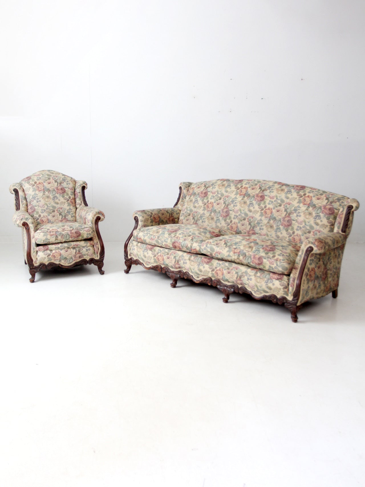 antique French Provincial floral sofa and armchair set
