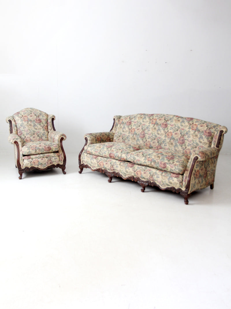 antique French Provincial floral sofa and armchair set